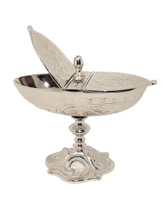 Shuttle Carved Incense Container with Two Lids - Silver Color
