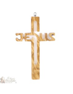 Gesneden houten kruis met tekst Jesus