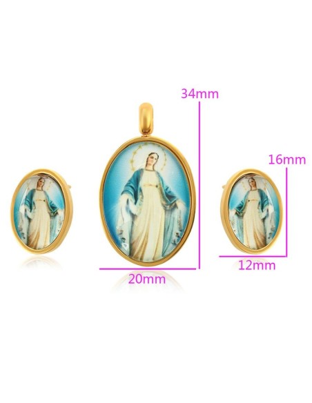 Parure pendentif et boucles d'oreilles Vierge Miraculeuse - plaqué or 24 k