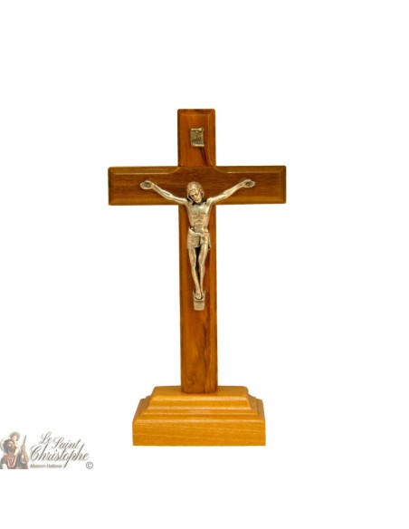 Olive wood cross on metal Christ base - 14 cm