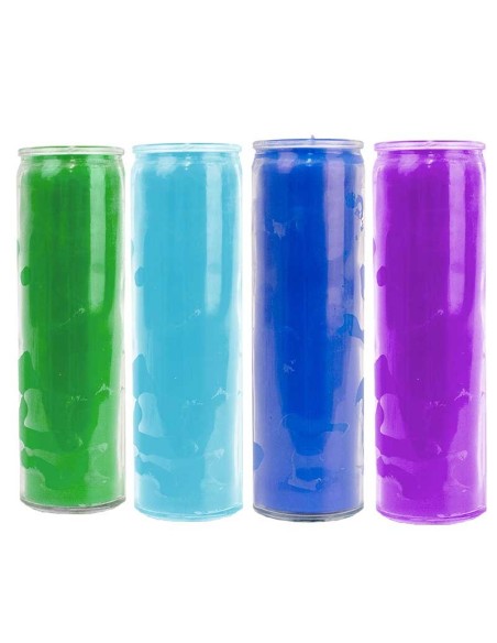 Bougies en verre colorées dans la masse - Vert, bleu clair, bleu foncé, mauve