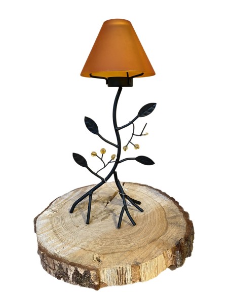 Wrought iron candleholder with leaves and orange glass