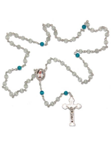 Chapelet Banneux pierre oeil de chat blanc et bleue