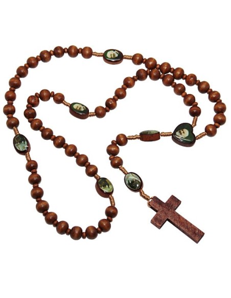 Chapelet en bois brun avec Sainte Rita et Padre Pio