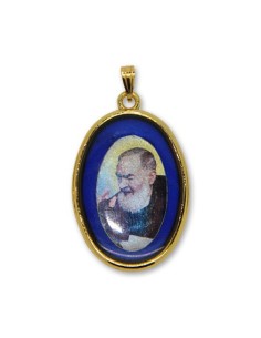 Médaille de Padre Pio ovale bleue 