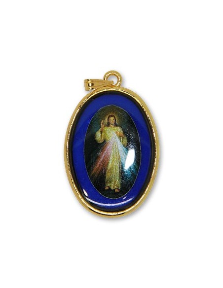 Médaille du Christ Misericordieux ovale bleue 