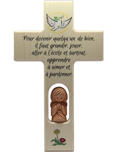 Croix en bois avec ange terre cuite 20 cm