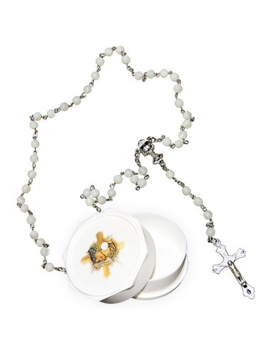 Chapelet en Nacre cœur Calice avec boite communion