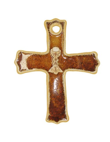 Croix Terre cuite émaillée Calice - Brun