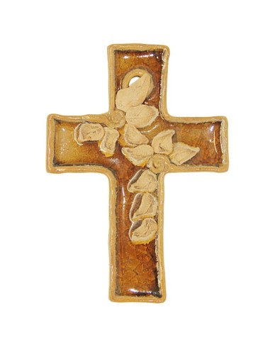 Croix Terre cuite émaillée brun avec fleurs