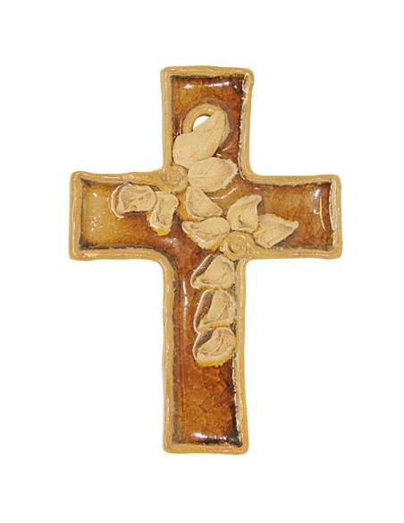 Croix Terre cuite émaillée brun avec fleurs