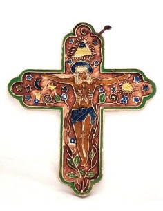 Croix Terre cuite émaillée brun avec fleurs