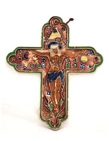 Croix Terre cuite émaillée brun avec fleurs