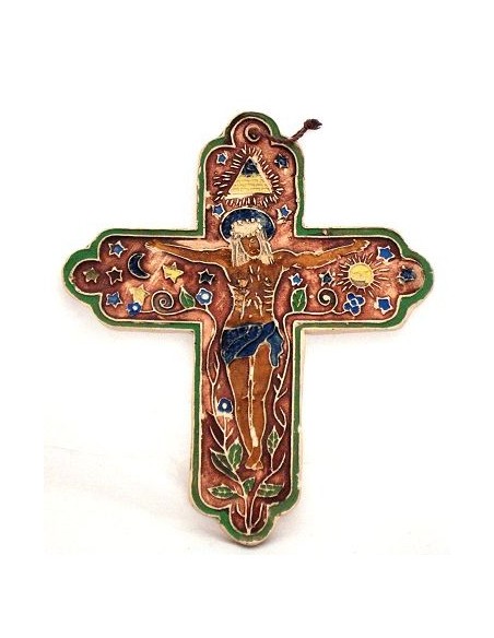 Croix Terre cuite émaillée brun avec fleurs