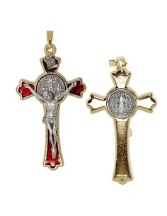 Croix de Saint Benoit dorée - émaillé rouge