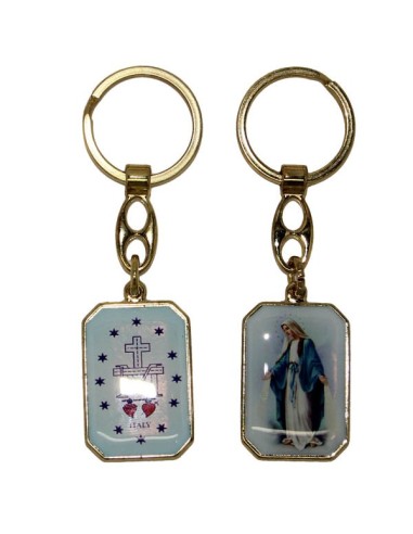 Porte-clés de la Vierge Miraculeuse - ovale bleue - doré