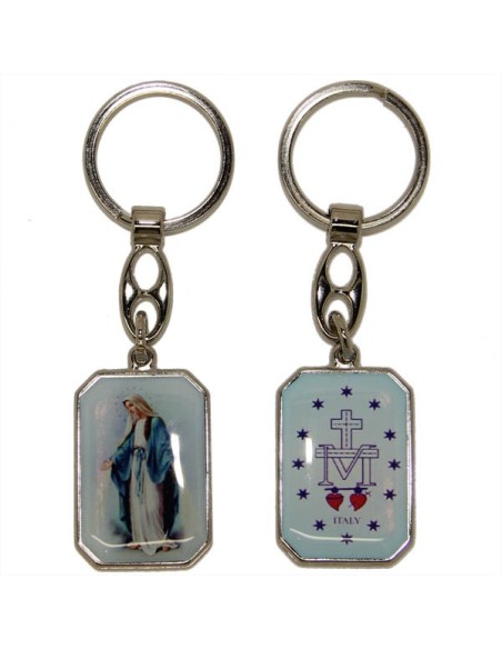 Porte-clés de la Vierge Miraculeuse - Rectangulaire  bleue - doré