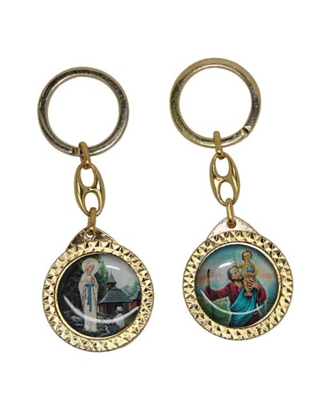Porte-clés Saint Christophe et Banneux ND - métal doré 