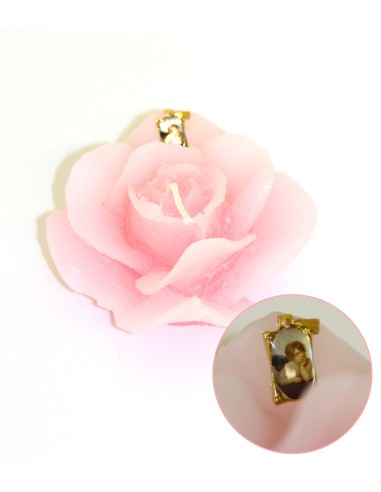 Bougie forme de Rose - Rose - Médaille Ange Protecteur