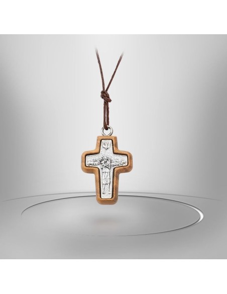Collier Cordon avec Croix en bois d'olivier - Christ doré