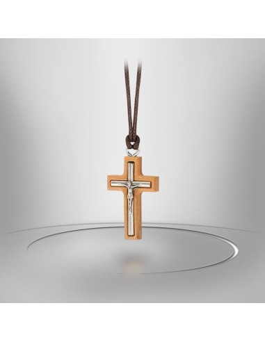 Collier Cordon avec Croix en bois d'olivier - Christ métal Argenté