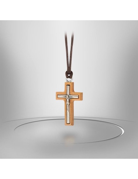 Collier Cordon avec Croix en bois d'olivier - Christ métal Argenté