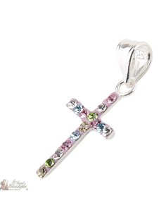 Colgante de la cruz del Rhinestone multicolor - plata