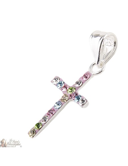 Colgante de la cruz del Rhinestone multicolor - plata