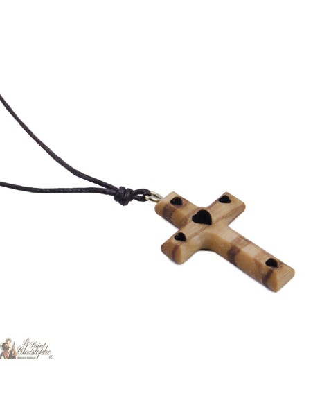 Collier Cordon avec Croix en bois d'olivier - Cœurs 