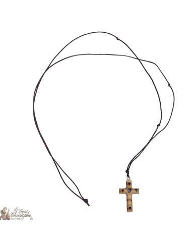 Collier Cordon avec Croix en bois d'olivier - Cœurs 