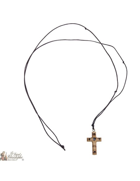 Collier Cordon avec Croix en bois d'olivier - Cœurs 