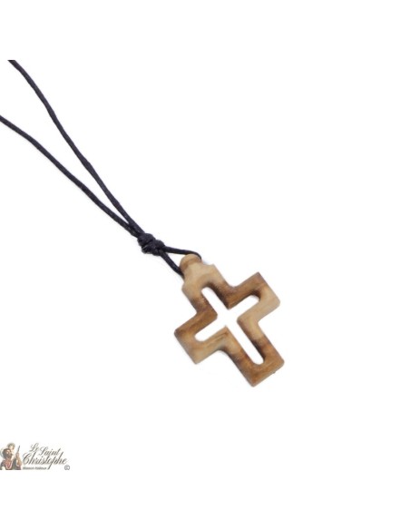 Collier Cordon avec Croix en bois d'olivier - 2 x 2 cm