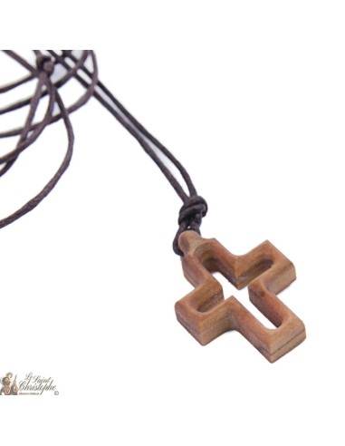Collier Cordon avec Croix en bois d'olivier - 2 x 2 cm