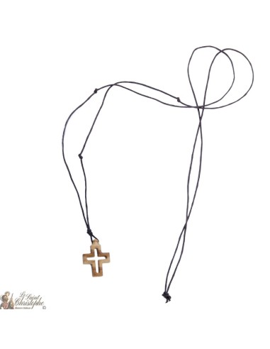 Collier Cordon avec Croix en bois d'olivier - 2 x 2 cm