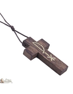 Collier Cordon avec Croix en bois brun - Pax 