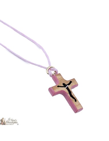 Cord Necklace with Wooden Cross - pink
