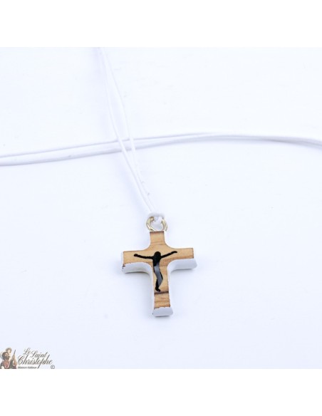 Cord Necklace with Wooden Cross - white