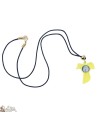 Necklace with Tau sign in yellow plexi and image of the Virgin of Banneux
