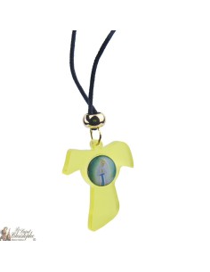 Collana con il segno del Tau in giallo e plexi quadro della Vergine di Banneux 2