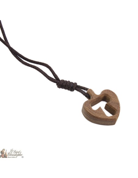 Collier cordon - Cœur en bois avec signe Tau  