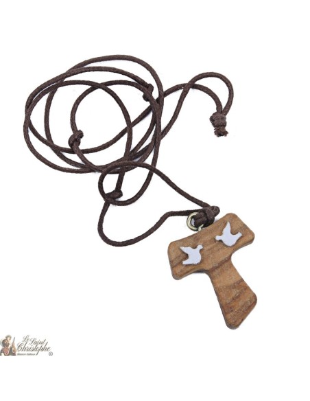 Koord halsketting en hanger houten Tau met witte duiven