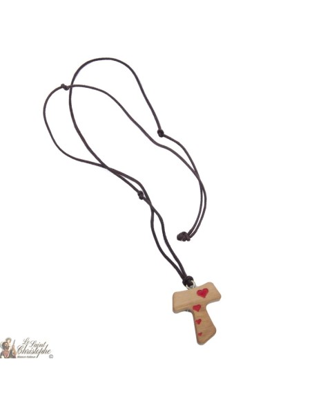 Collier Cordon et pendentif Tau en bois avec coeurs rouges