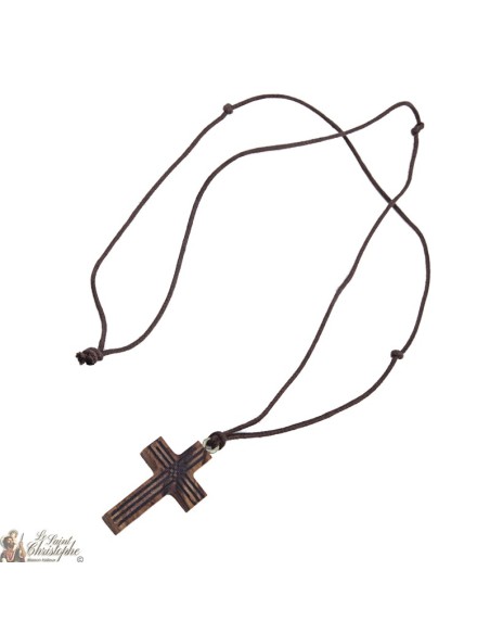 Collana cavo con croce di legno a strisce