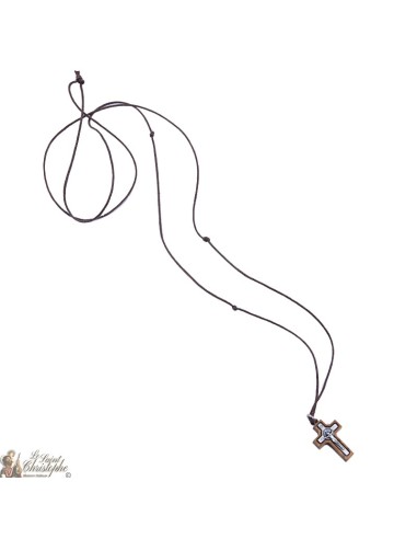 Collier Cordon avec petite Croix de Saint Benoit en bois d'olivier