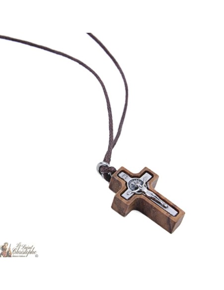 Halskette Schnur mit kleinen Holzkreuz St. Benedict Oliven