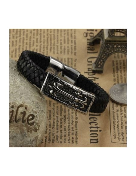 Bracelet cuir et métal inoxydable avec croix