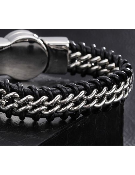 Bracelet cuir et métal inoxydable avec croix