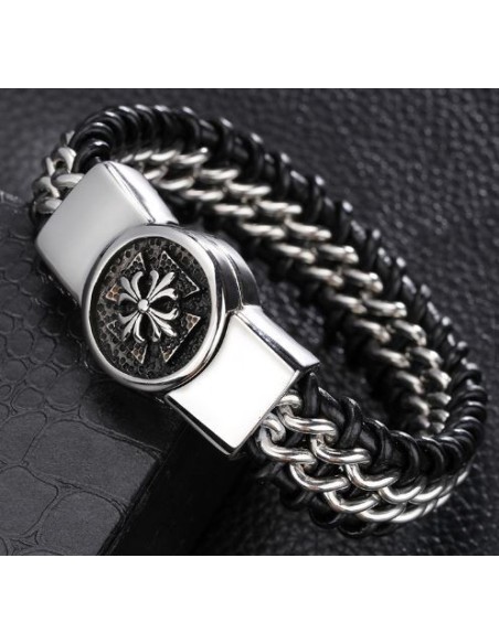 Leather and stainless steel bracelet with cross