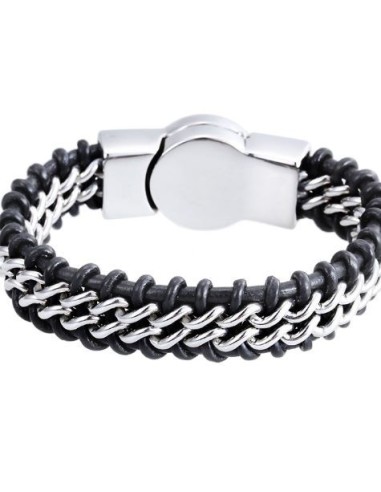 Bracelet cuir et métal inoxydable avec croix