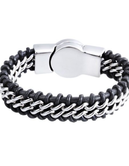 Bracelet cuir et métal inoxydable avec croix